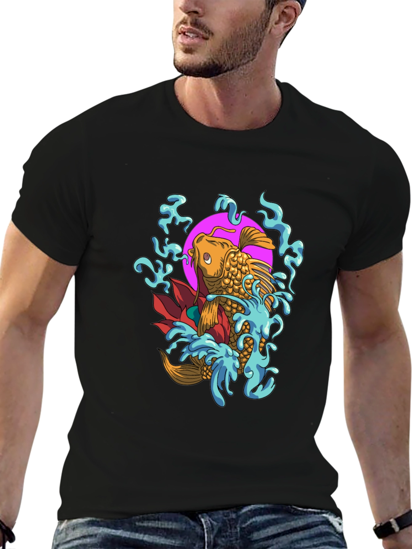 Koi Fish Graphic Tee - Mens Black Cotton T-Shirt