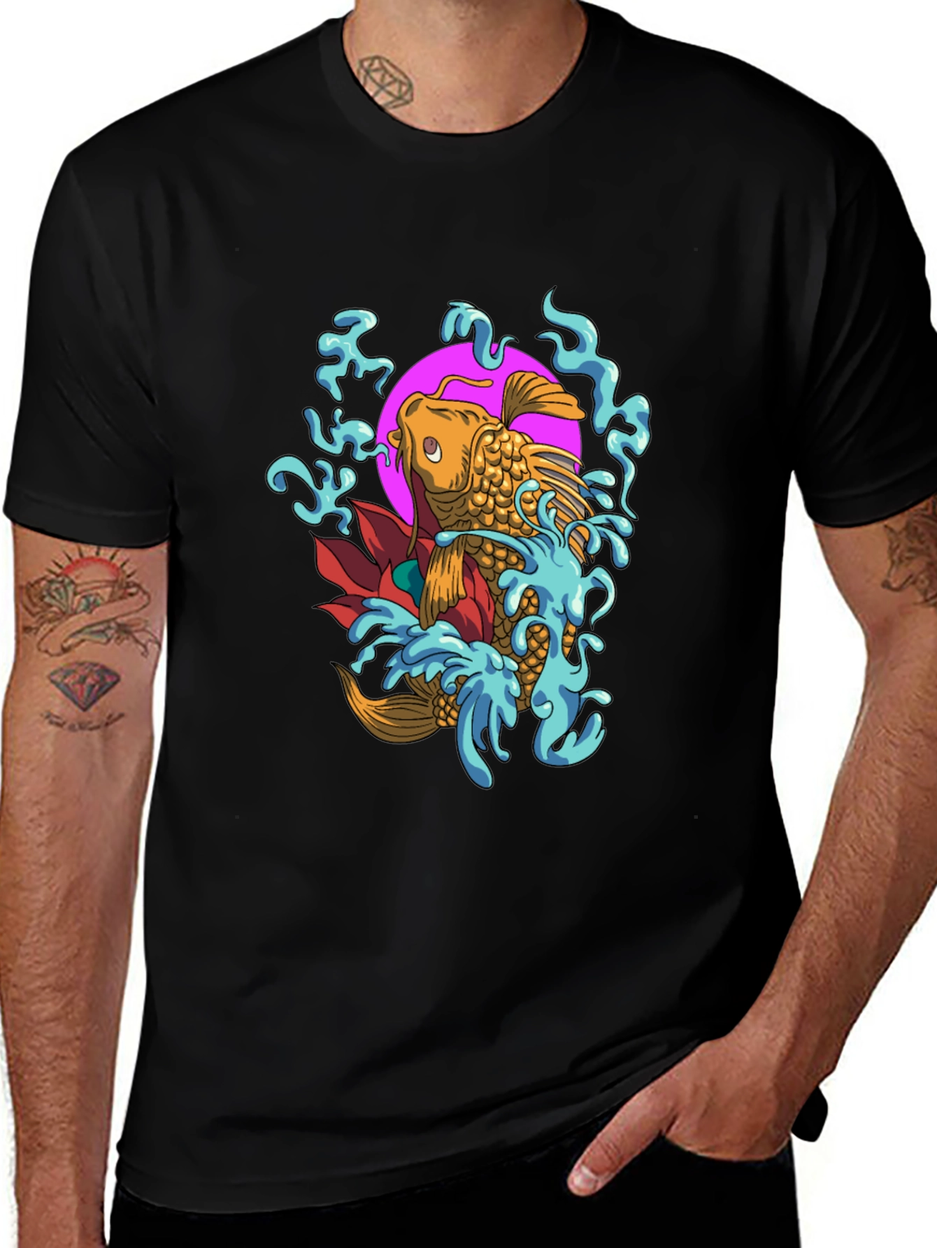 Koi Fish Graphic Tee - Mens Black Cotton T-Shirt
