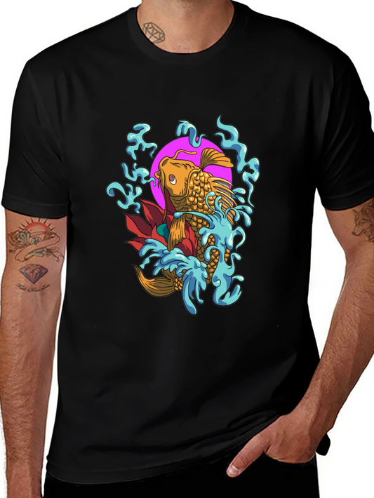 Koi Fish Graphic Tee - Mens Black Cotton T-Shirt