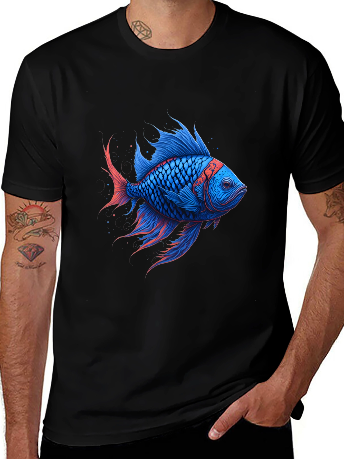 Vivid Blue Fish Graphic T-Shirt