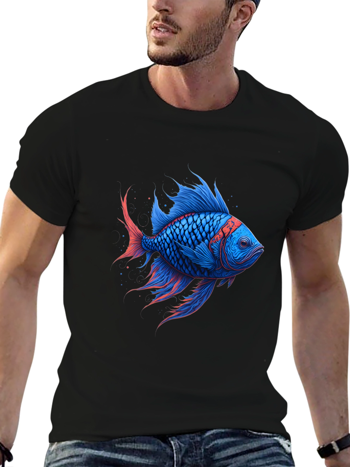 Vivid Blue Fish Graphic T-Shirt