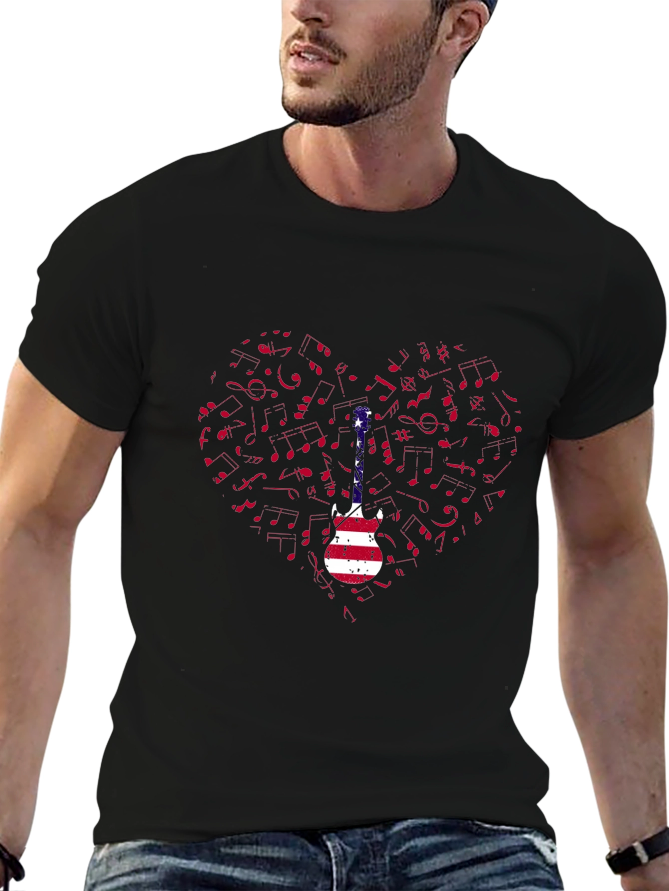 Patriotic Guitar Heart Music Notes Graphic Tee