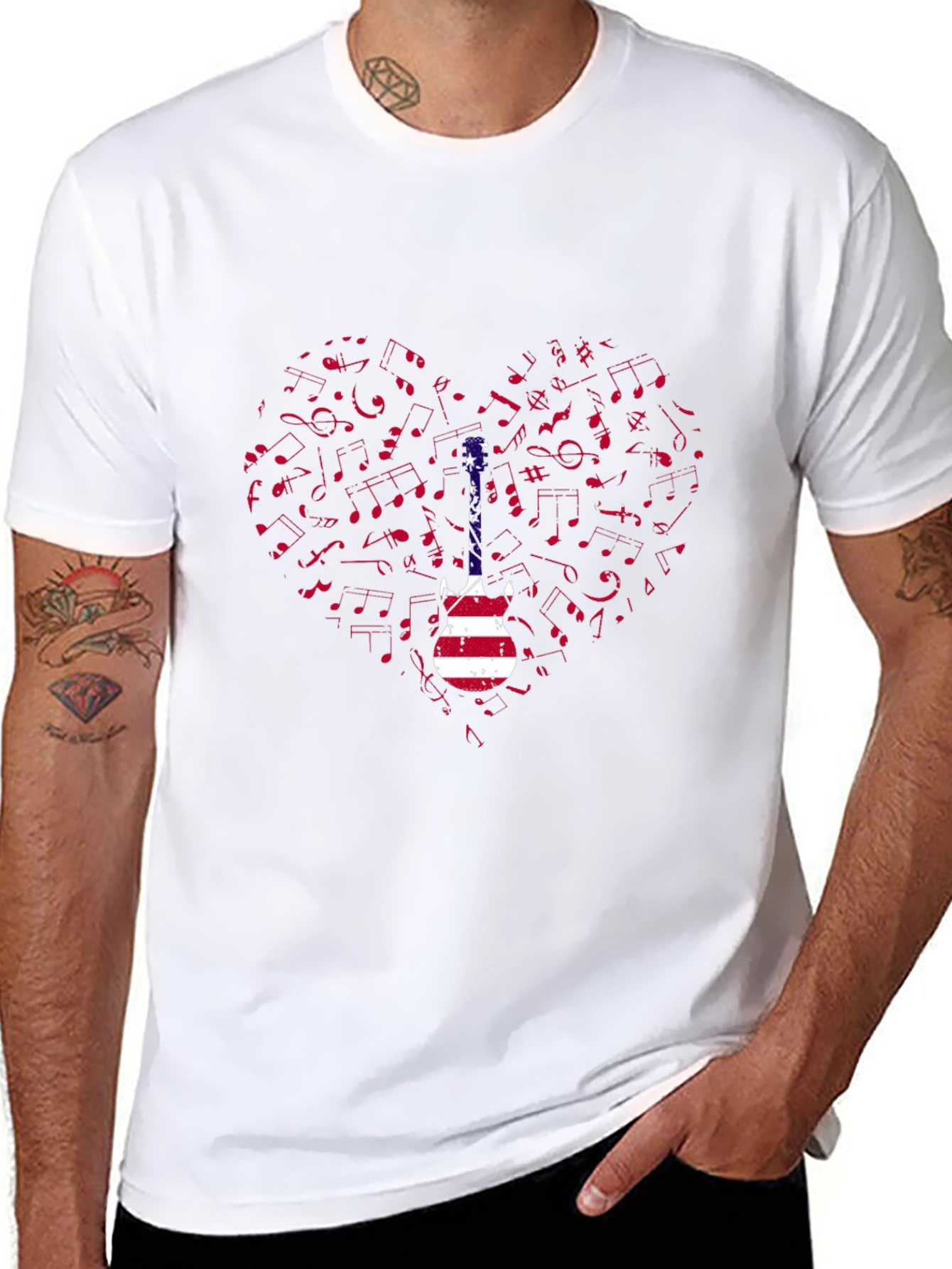 Patriotic Guitar Heart Music Notes Graphic Tee