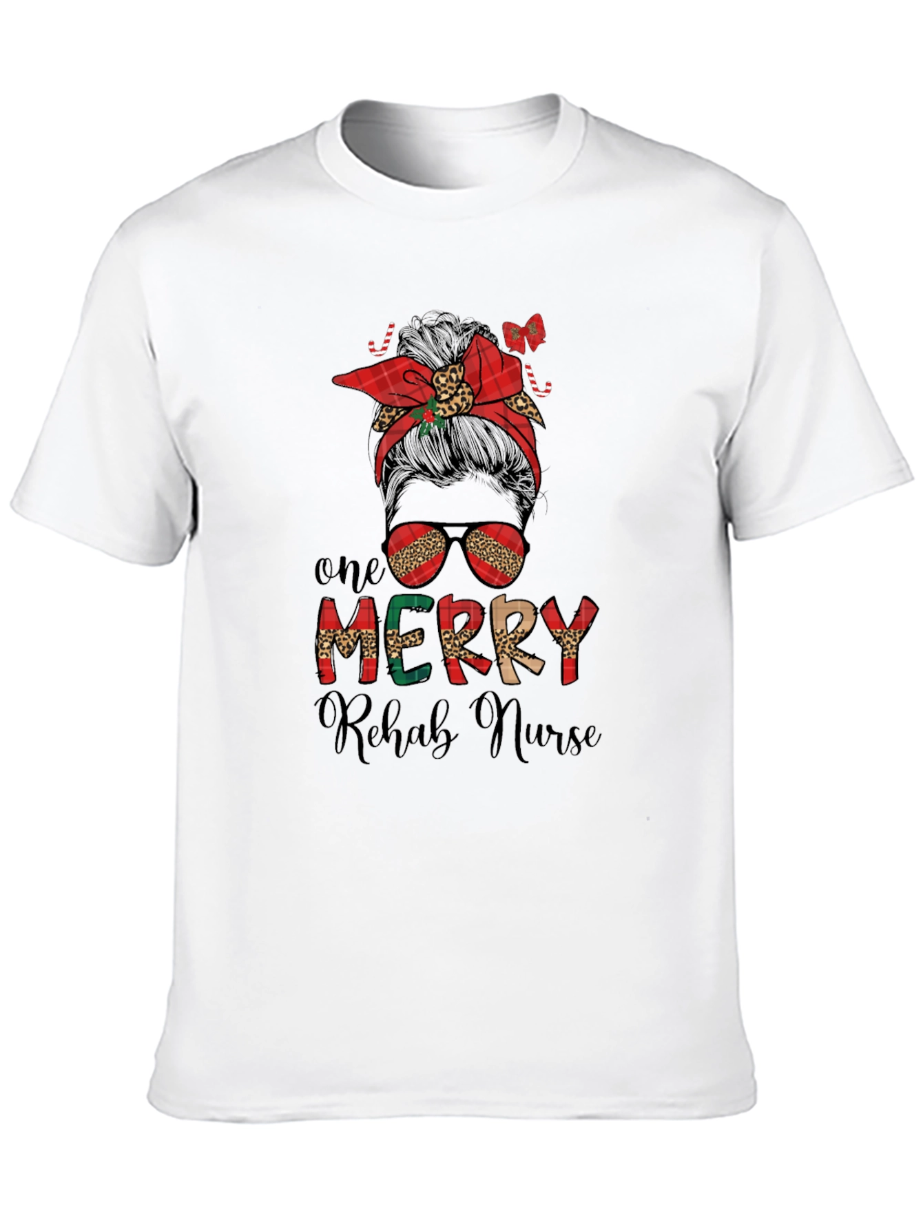 Merry Rehab Nurse Messy Bun Christmas T-Shirt