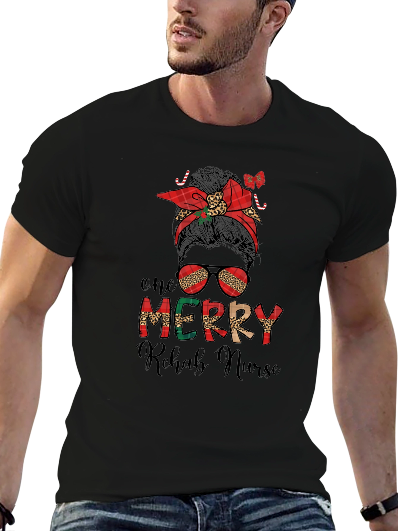 Merry Rehab Nurse Messy Bun Christmas T-Shirt