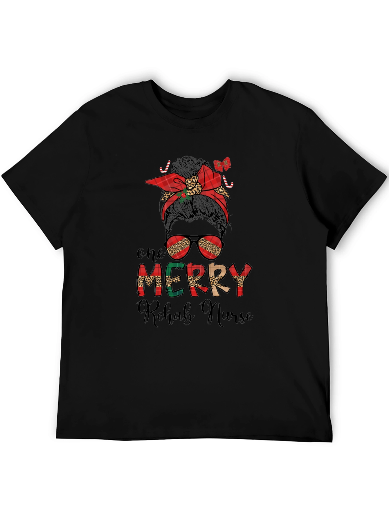 Merry Rehab Nurse Messy Bun Christmas T-Shirt