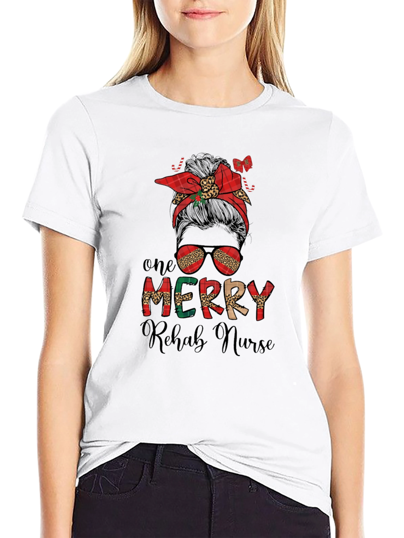 Merry Rehab Nurse Messy Bun Christmas T-Shirt