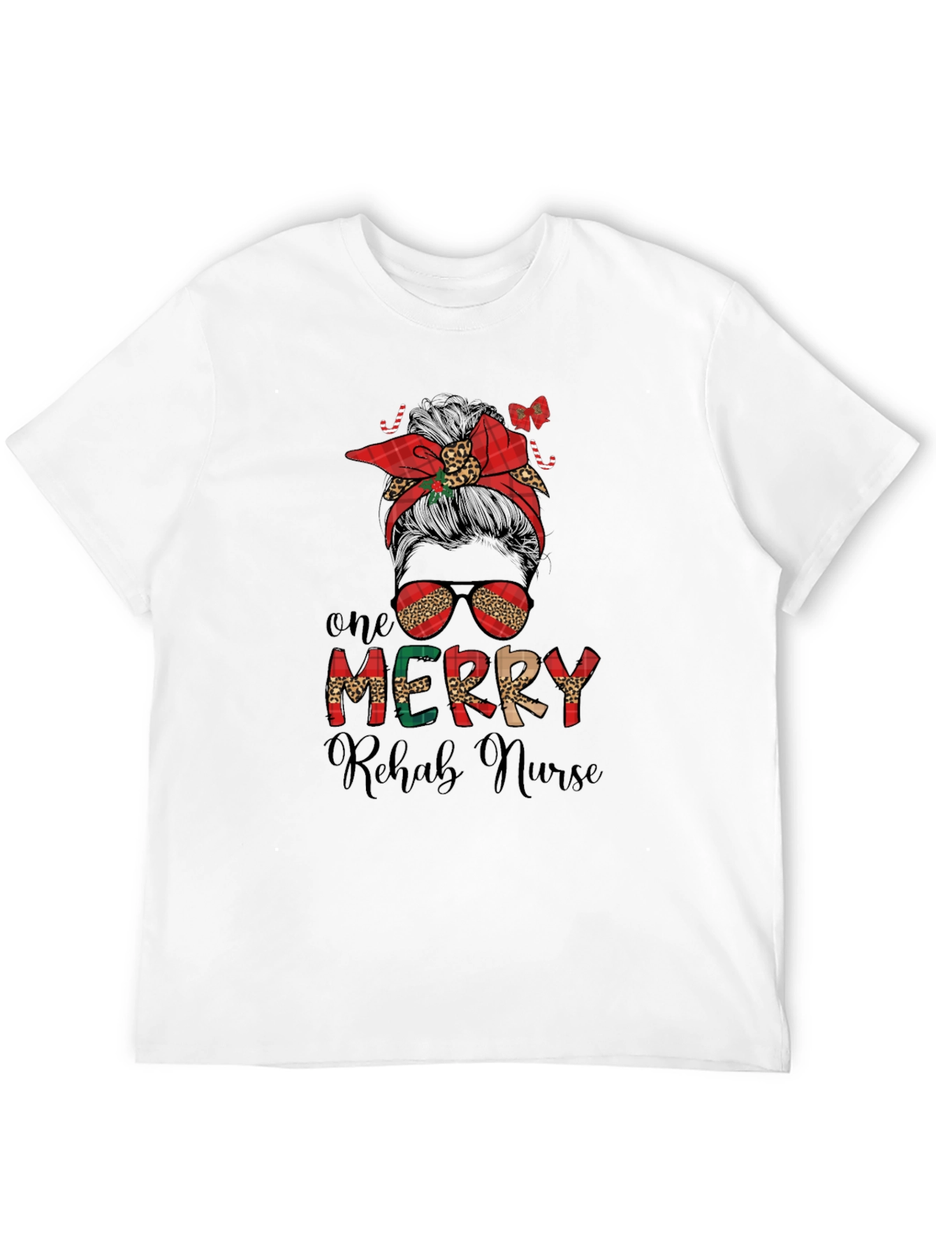 Merry Rehab Nurse Messy Bun Christmas T-Shirt