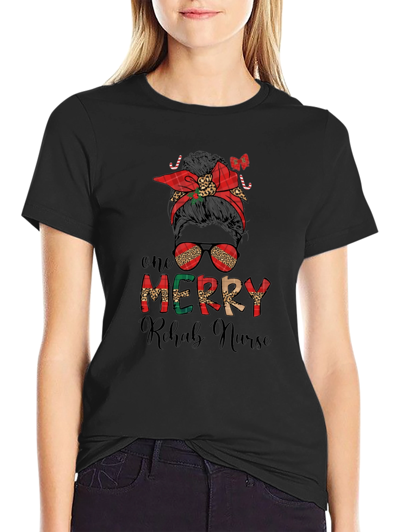 Merry Rehab Nurse Messy Bun Christmas T-Shirt