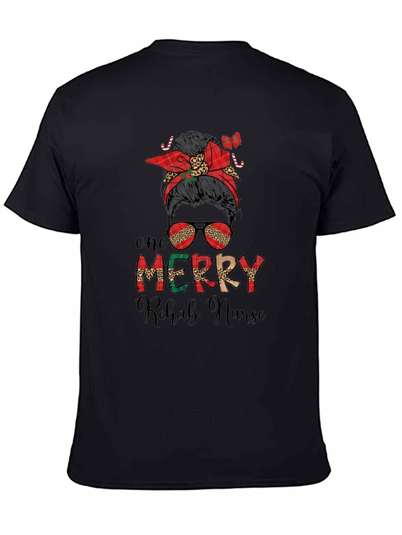 Merry Rehab Nurse Messy Bun Christmas T-Shirt