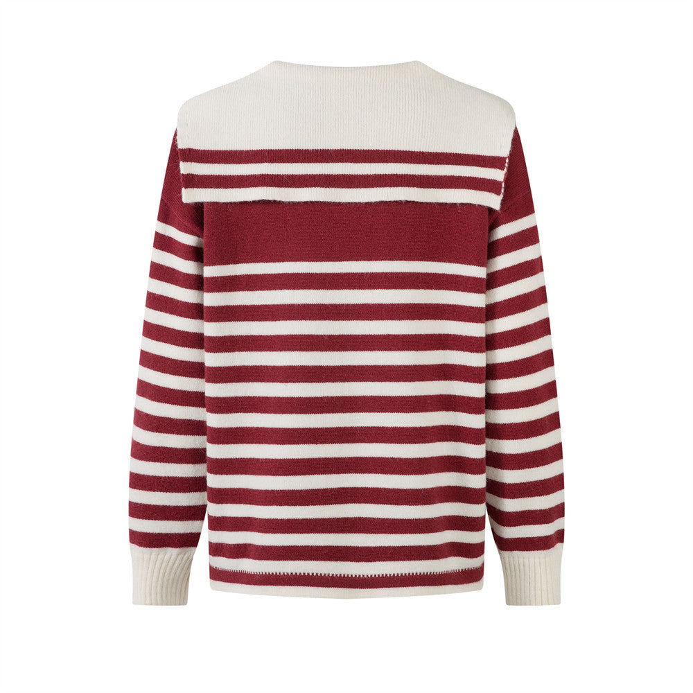 Navy Collar Knit Sweater Loose Fit Casual Crewneck Color-block Striped Knit Top