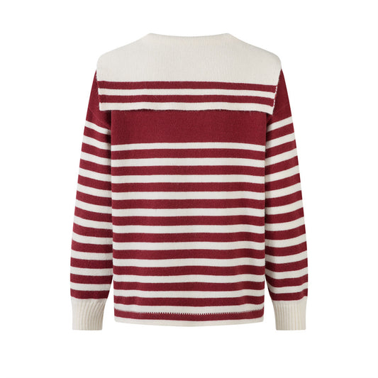 Navy Collar Knit Sweater Loose Fit Casual Crewneck Color-block Striped Knit Top