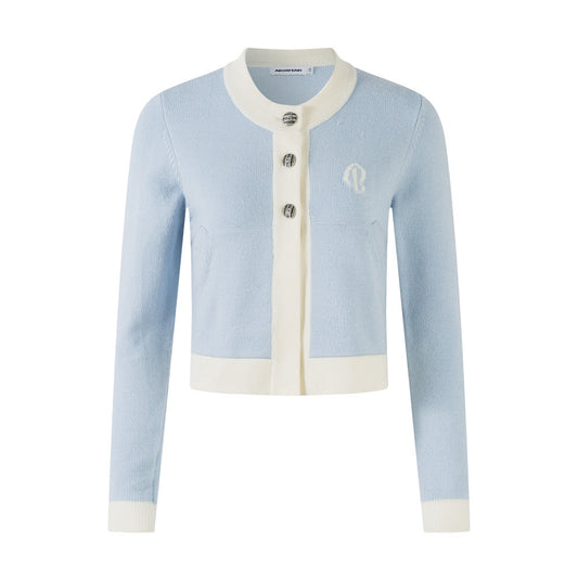 Short Length Long Sleeve Knit Cardigan  Color Block Round Neck Buttoned Sweater