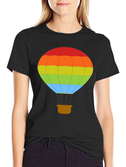 Rainbow Hot Air Balloon Graphic Tee - Casual Black T-Shirt