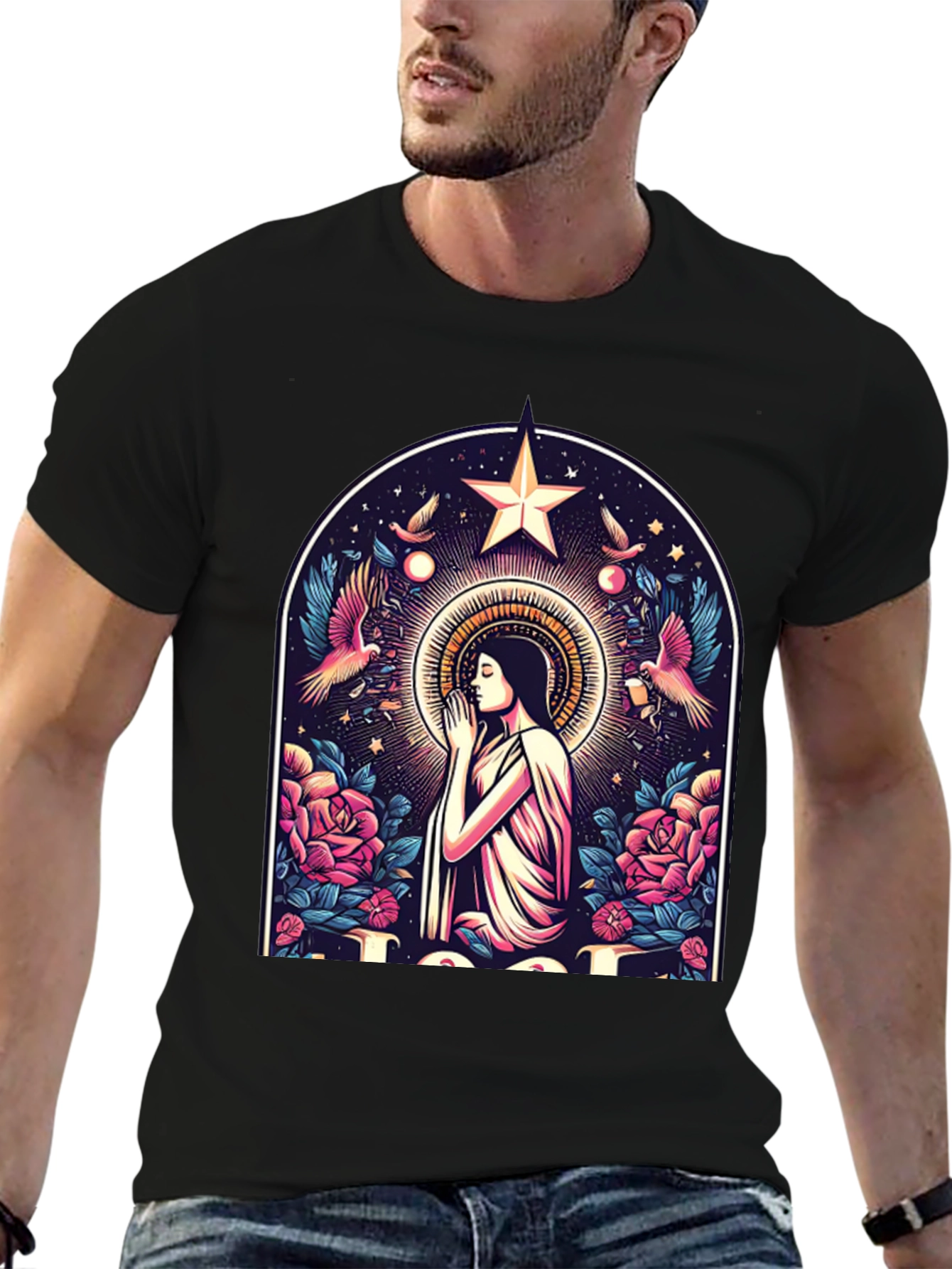 Mystical Praying Woman Graphic Tee - Black