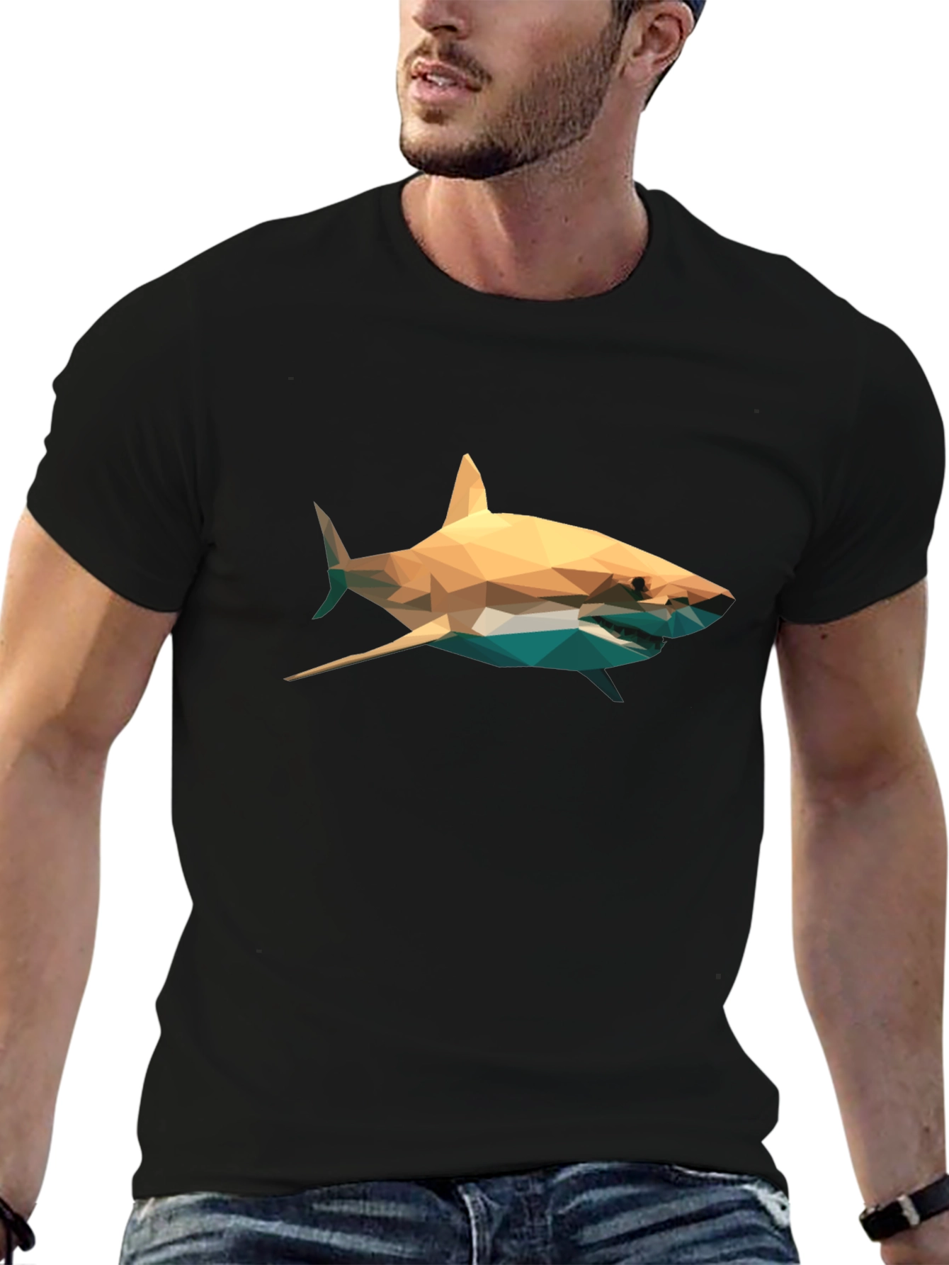 Geometric Shark Graphic Tee - Stylish Mens Black T-Shirt