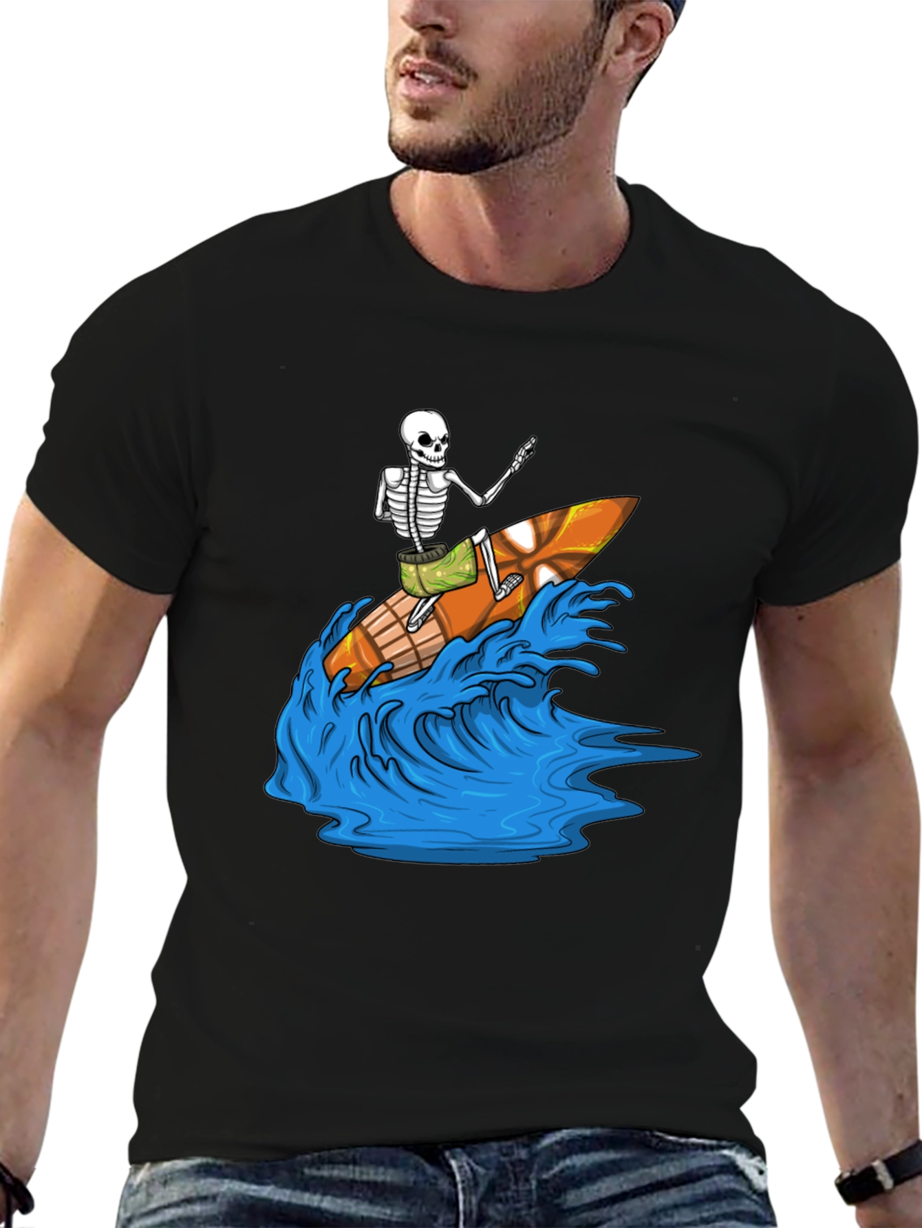 Surfing Skeleton Graphic Tee - Black