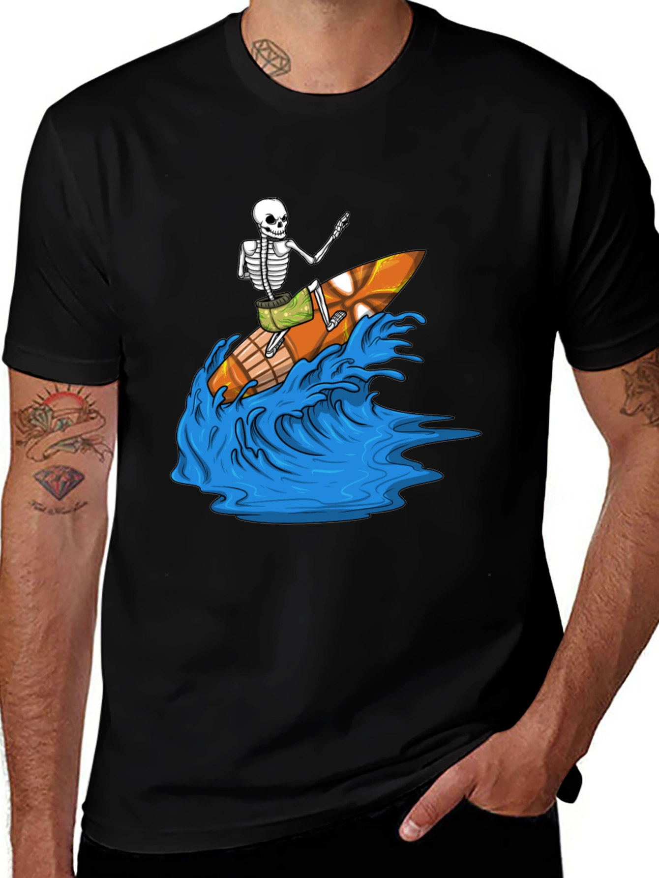 Surfing Skeleton Graphic Tee - Black