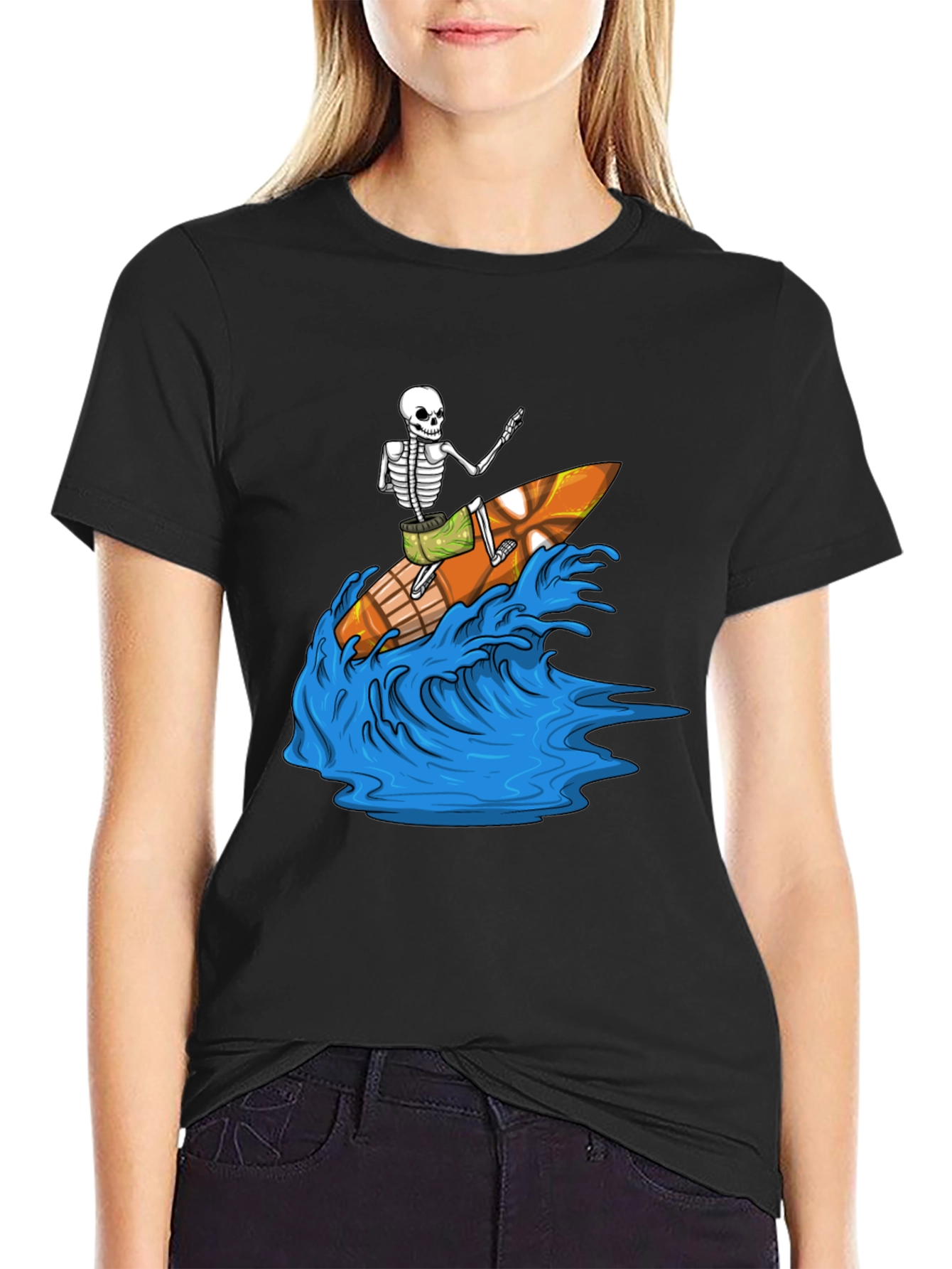Surfing Skeleton Graphic Tee - Black