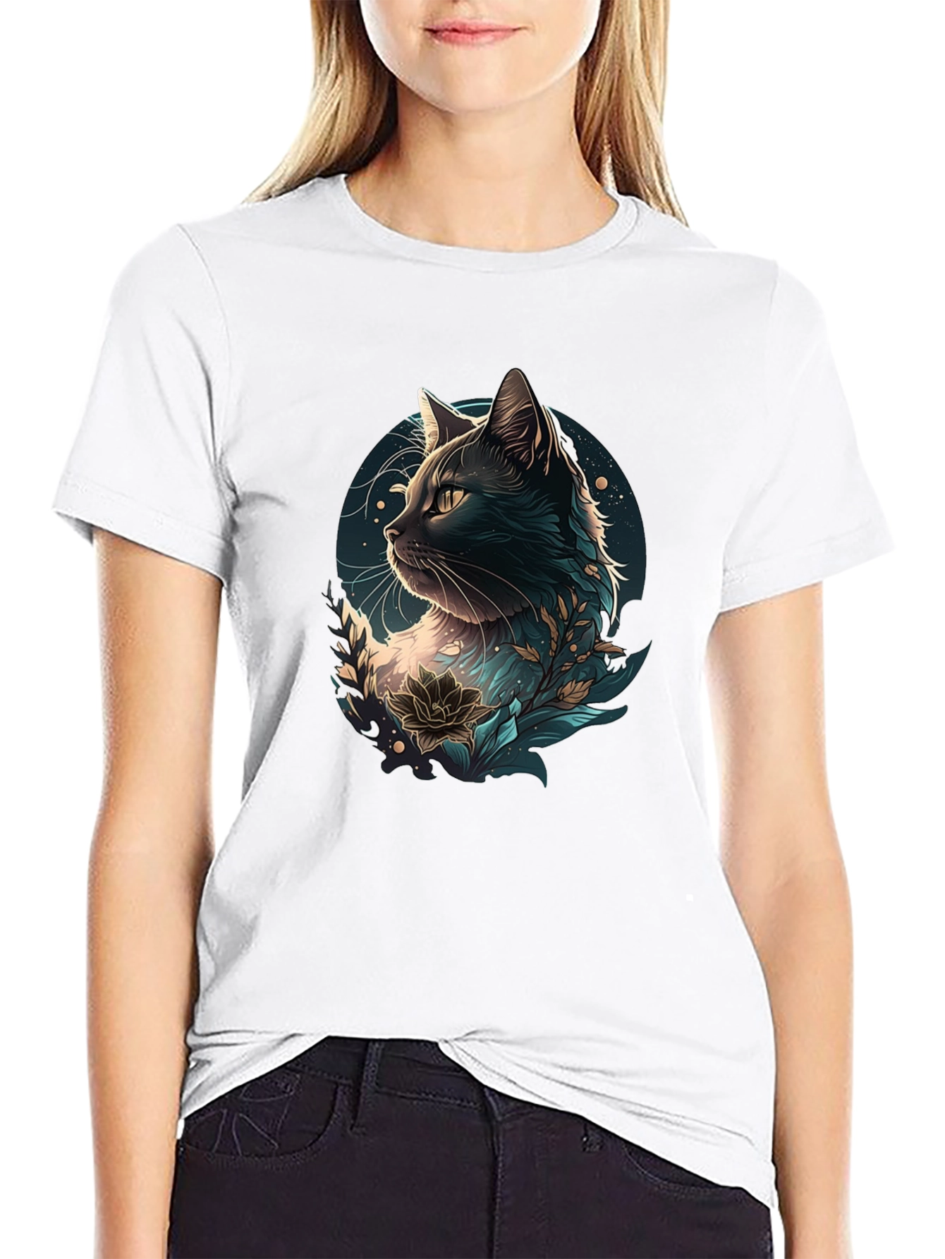 Black Cat Floral Graphic Tee