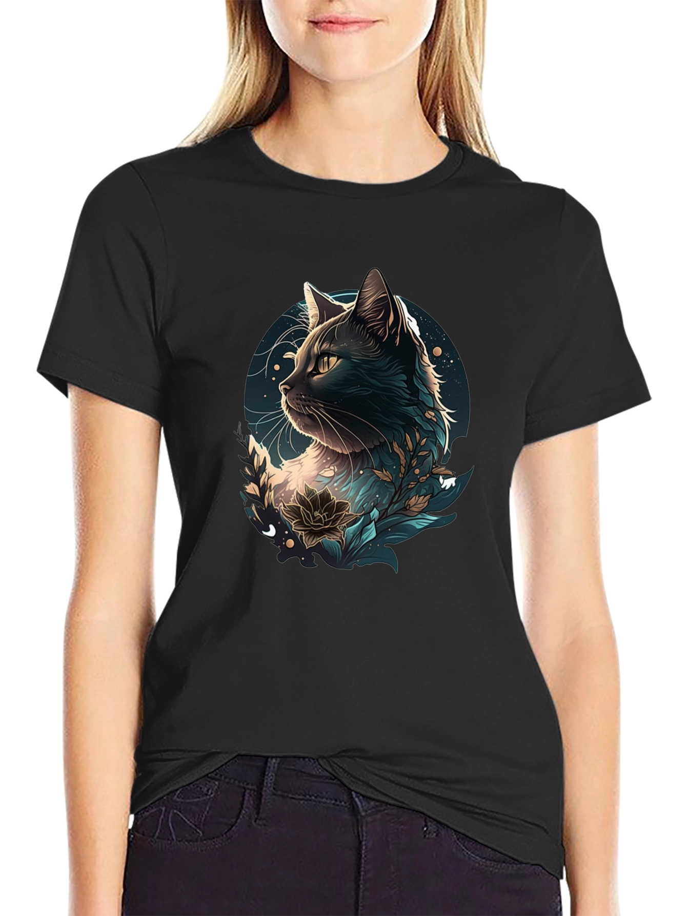 Black Cat Floral Graphic Tee