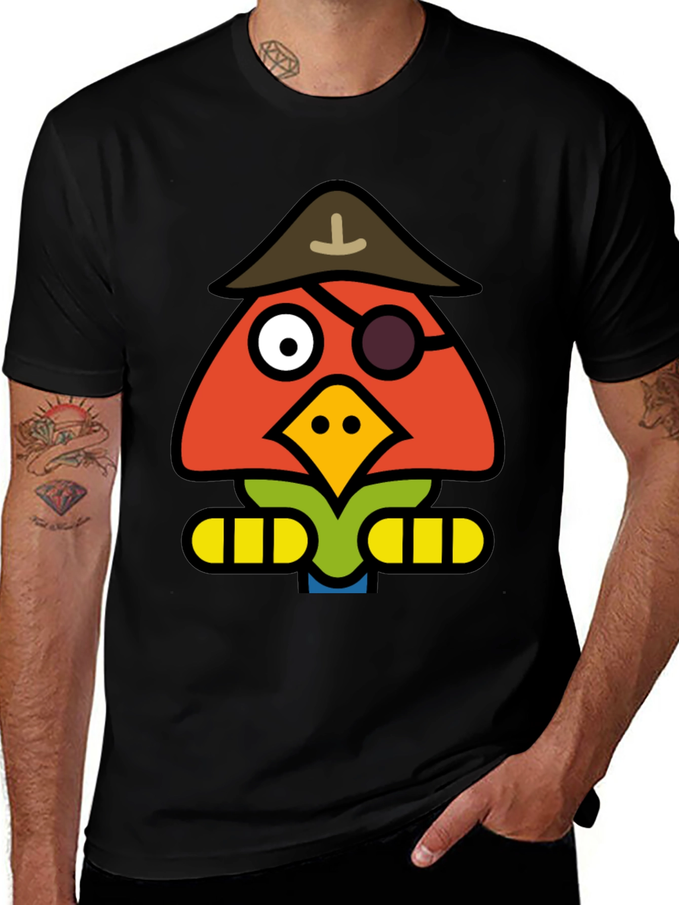 Cartoon Pirate Bird Black T-Shirt