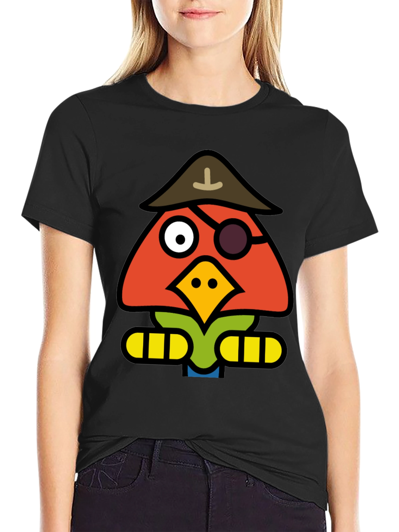 Cartoon Pirate Bird Black T-Shirt