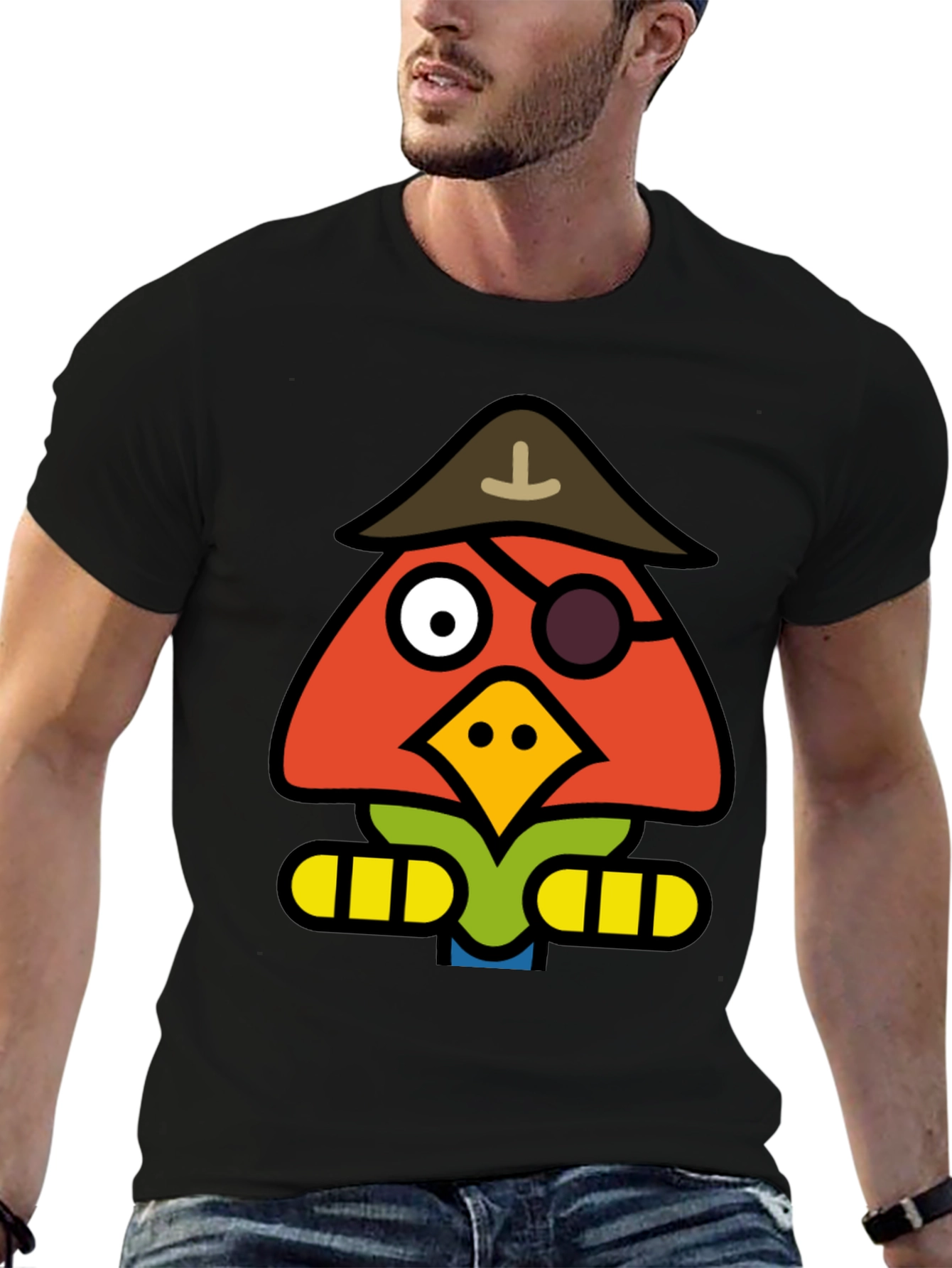 Cartoon Pirate Bird Black T-Shirt
