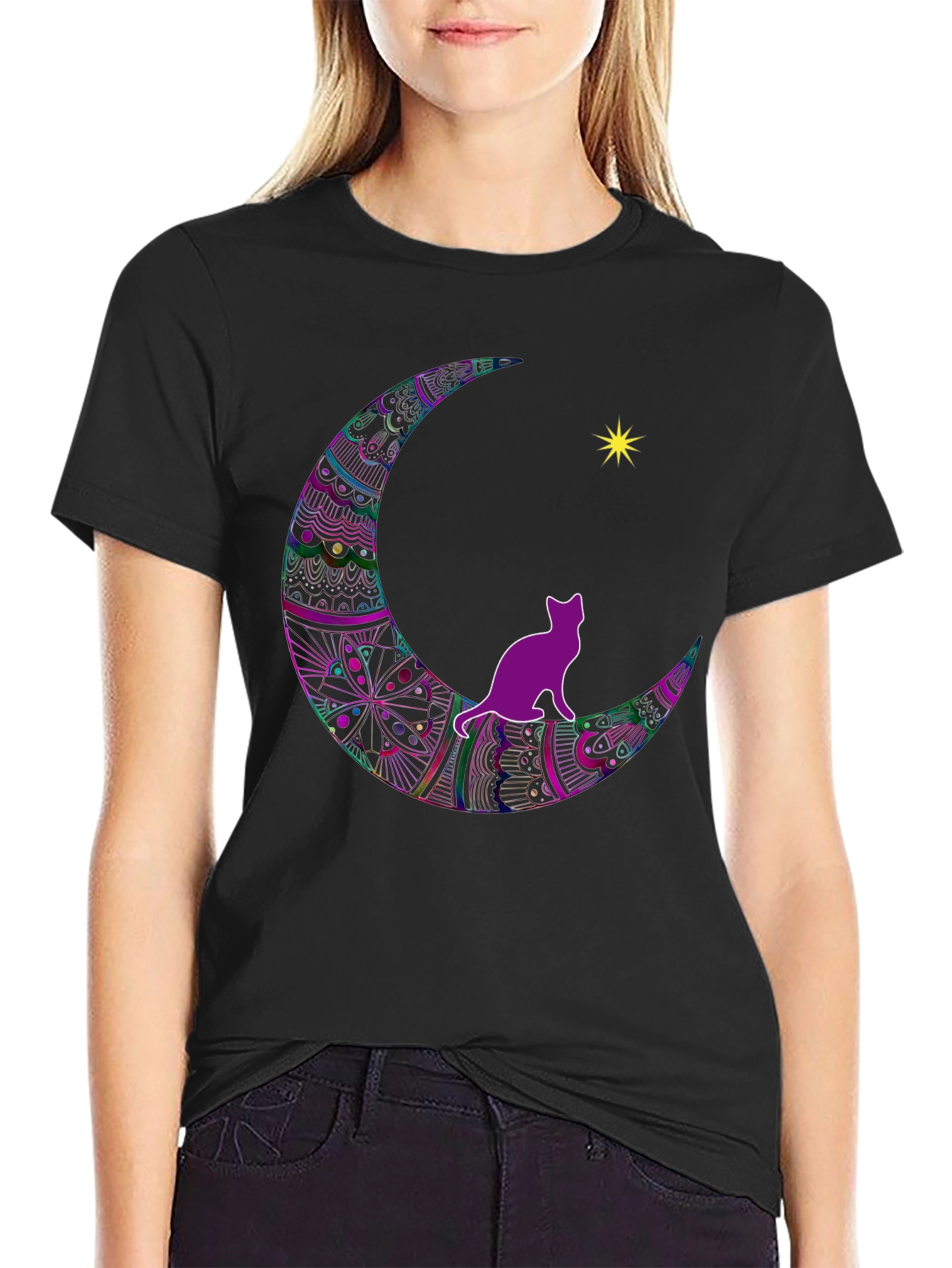 Cat on Moon T-Shirt - Black Graphic Tee