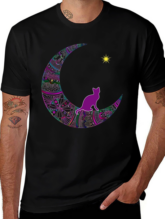 Cat on Moon T-Shirt - Black Graphic Tee