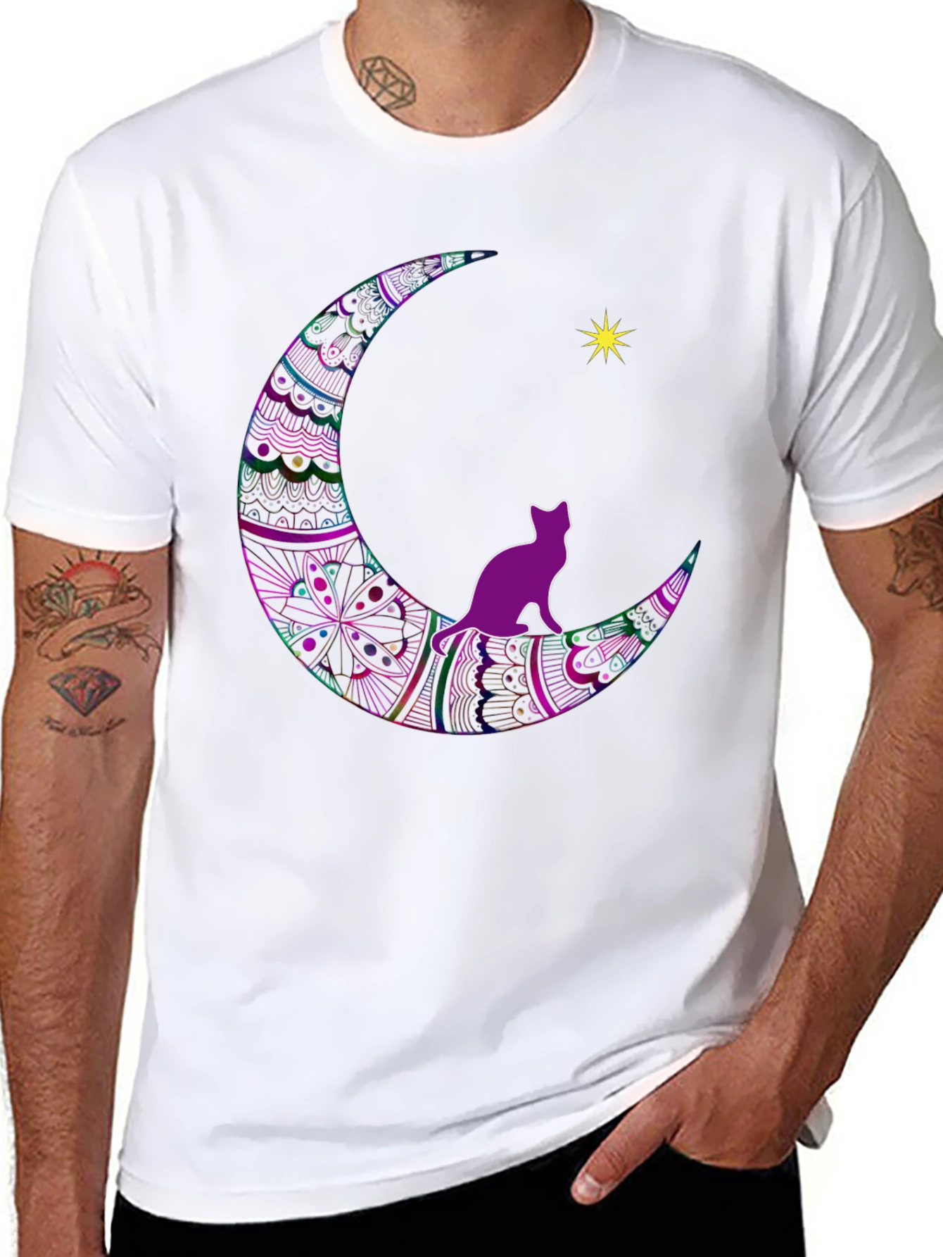 Cat on Moon T-Shirt - Black Graphic Tee