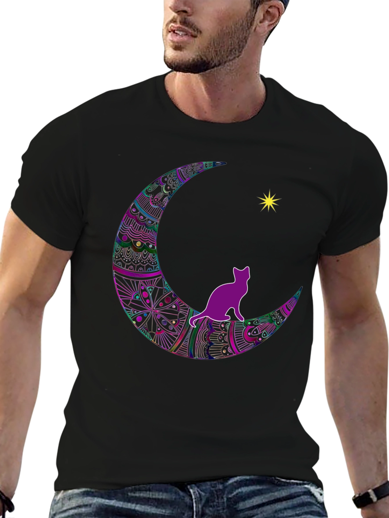 Cat on Moon T-Shirt - Black Graphic Tee