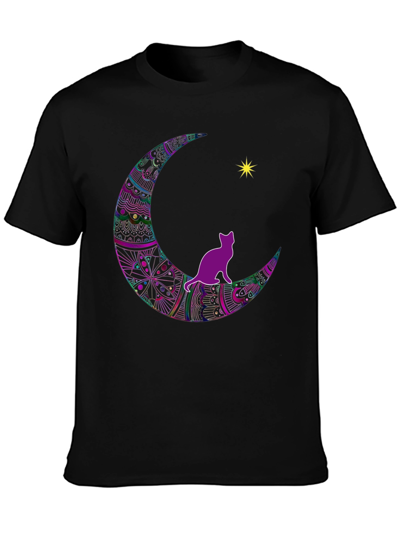 Cat on Moon T-Shirt - Black Graphic Tee