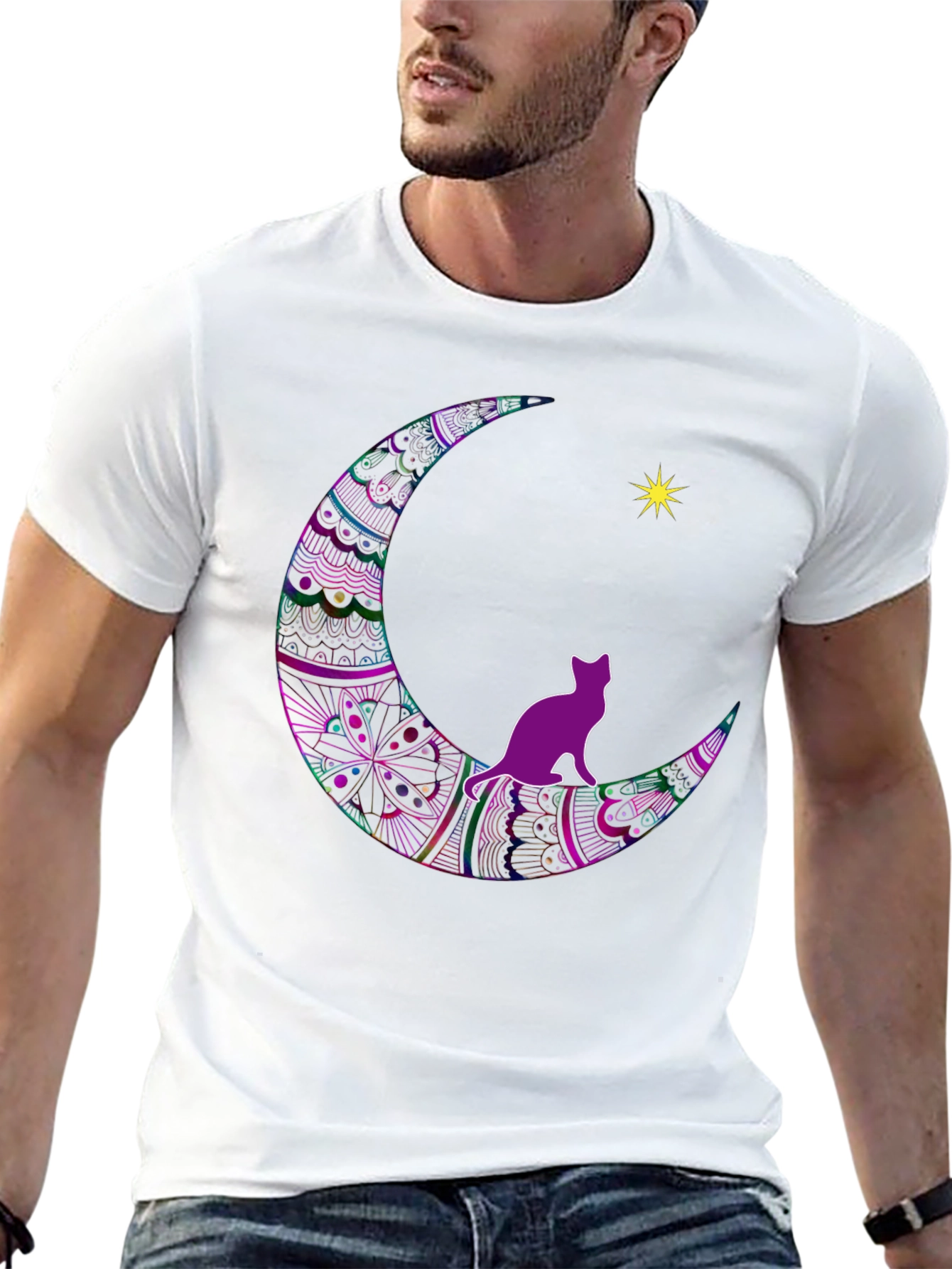 Cat on Moon T-Shirt - Black Graphic Tee