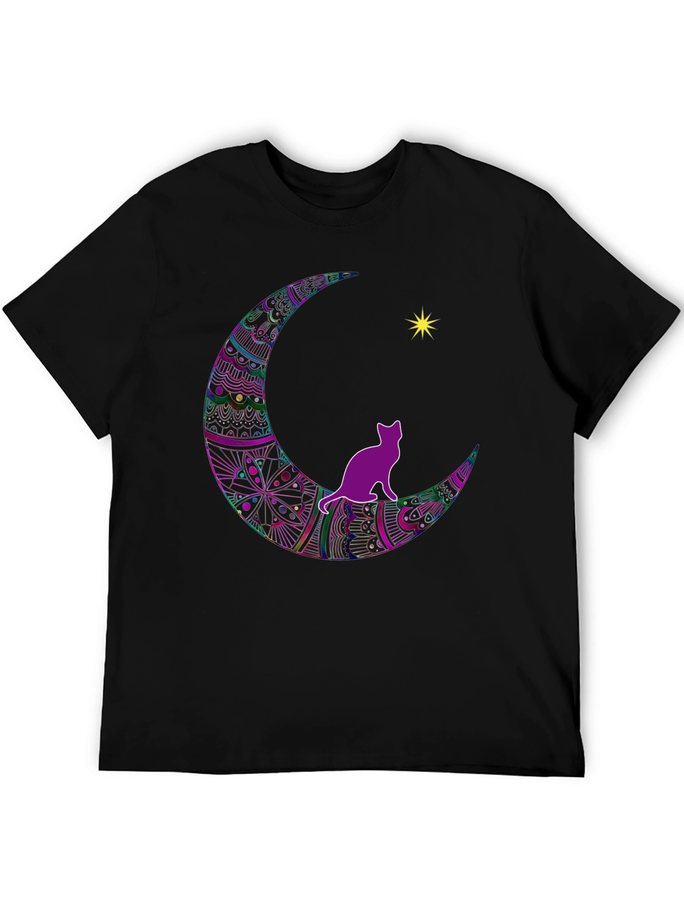 Cat on Moon T-Shirt - Black Graphic Tee