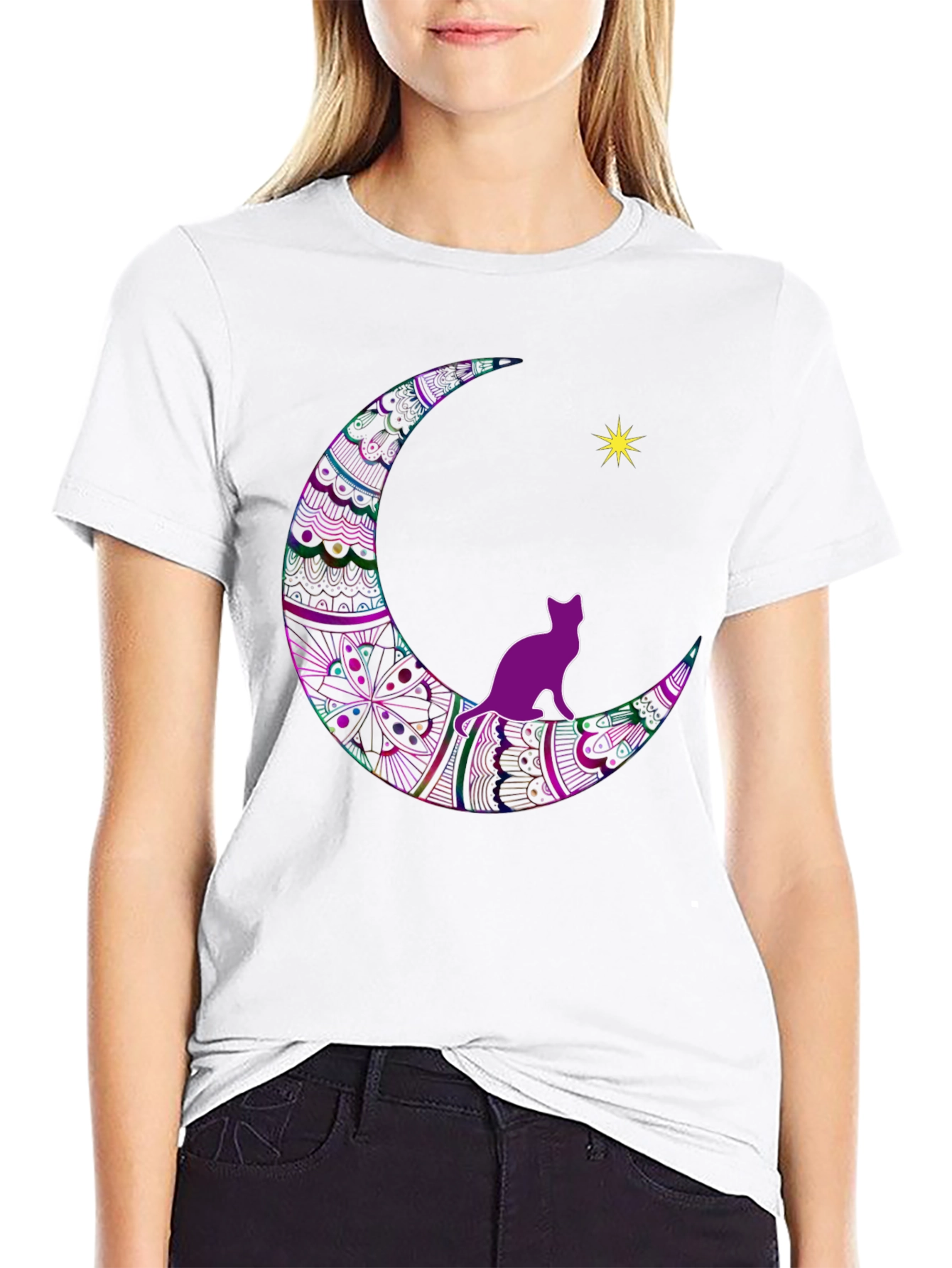 Cat on Moon T-Shirt - Black Graphic Tee