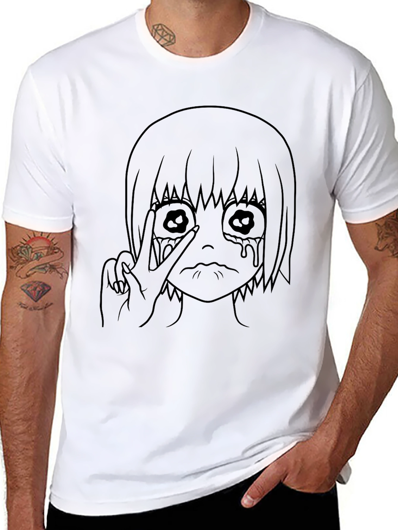 Black Graphic Tee - Anime Girl Design