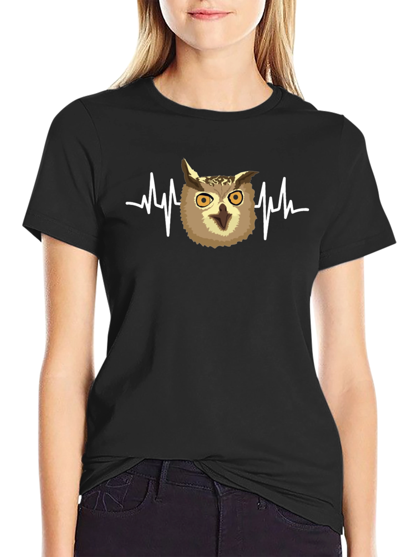 Owl Heartbeat Graphic T-Shirt - Black