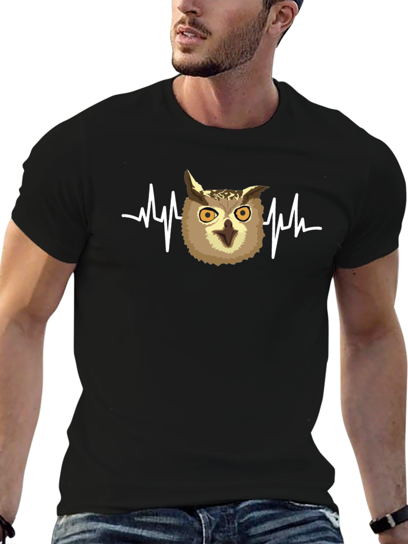 Owl Heartbeat Graphic T-Shirt - Black