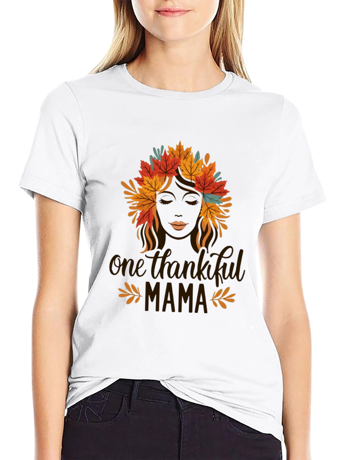 Thankful Mama Black T-Shirt with Fall Leaf Design