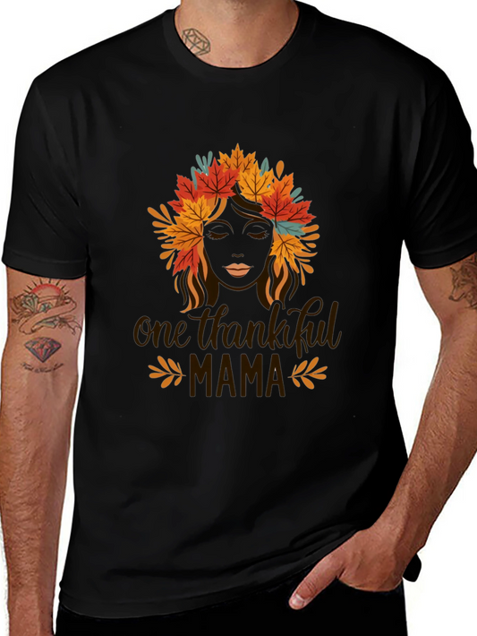 Thankful Mama Black T-Shirt with Fall Leaf Design