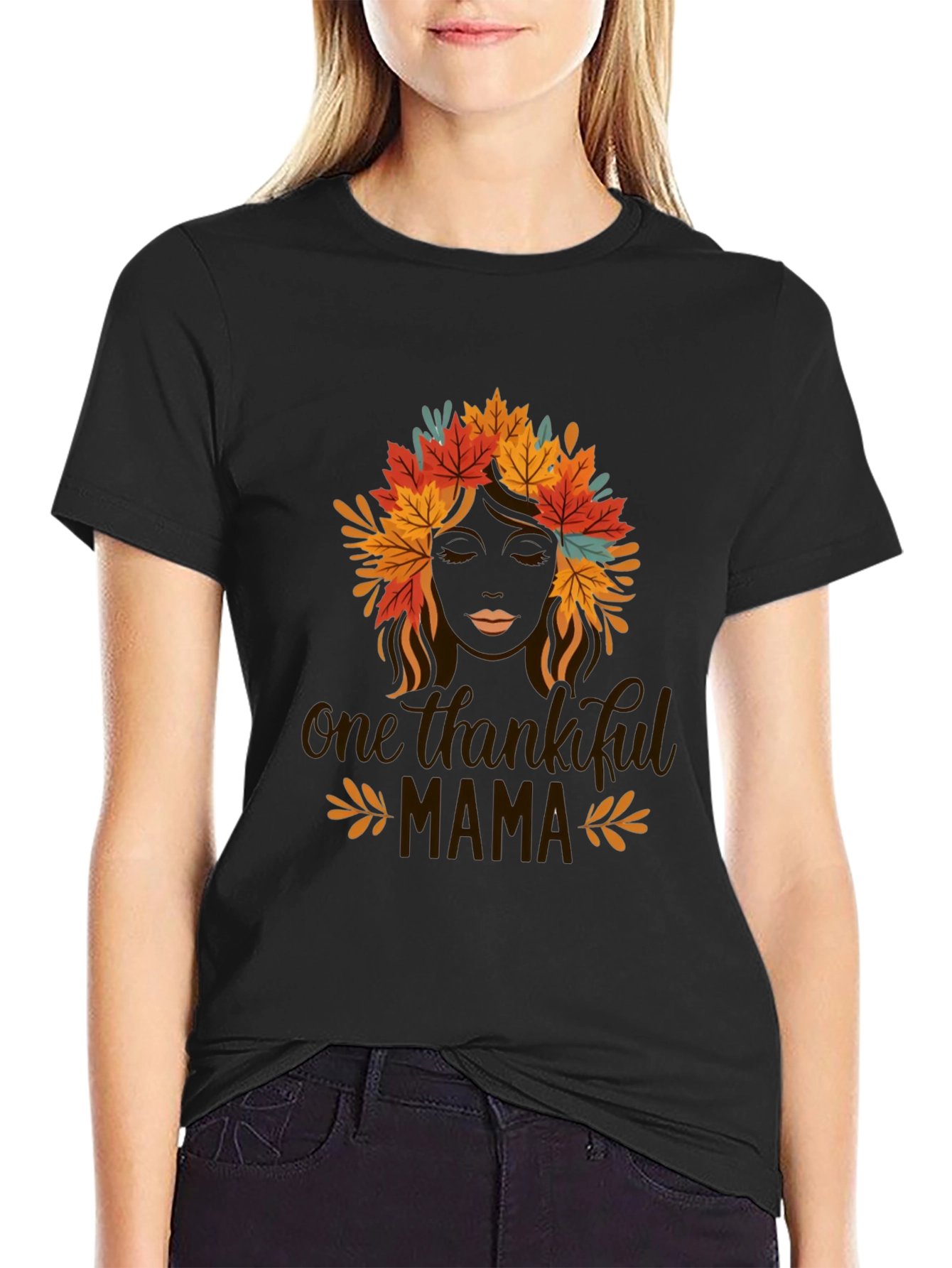 Thankful Mama Black T-Shirt with Fall Leaf Design