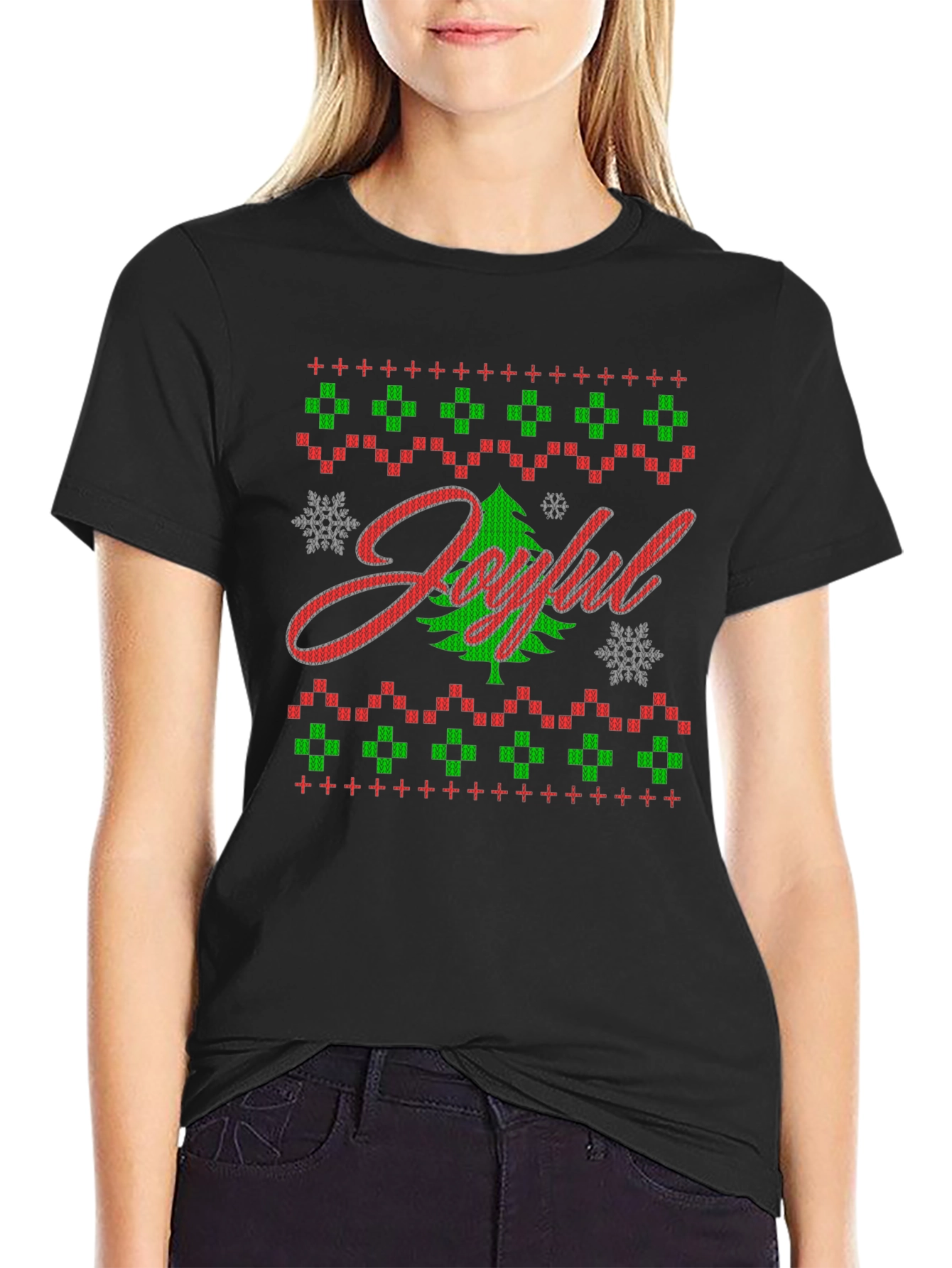 Joyful Christmas Tree Ugly Sweater Style Graphic Tee