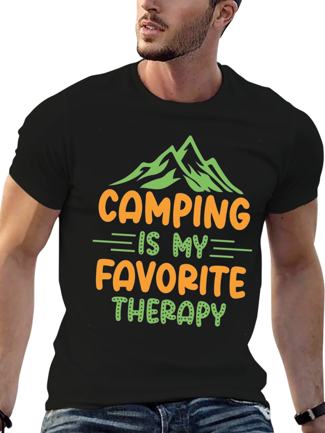 Camping Therapy Graphic Tee - Black Cotton Blend Shirt