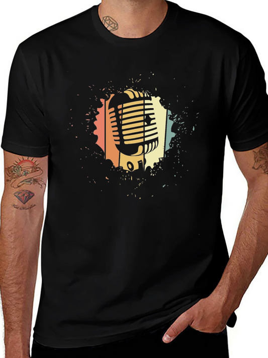 Retro Microphone Graphic Tee - Vintage Style Black T-Shirt
