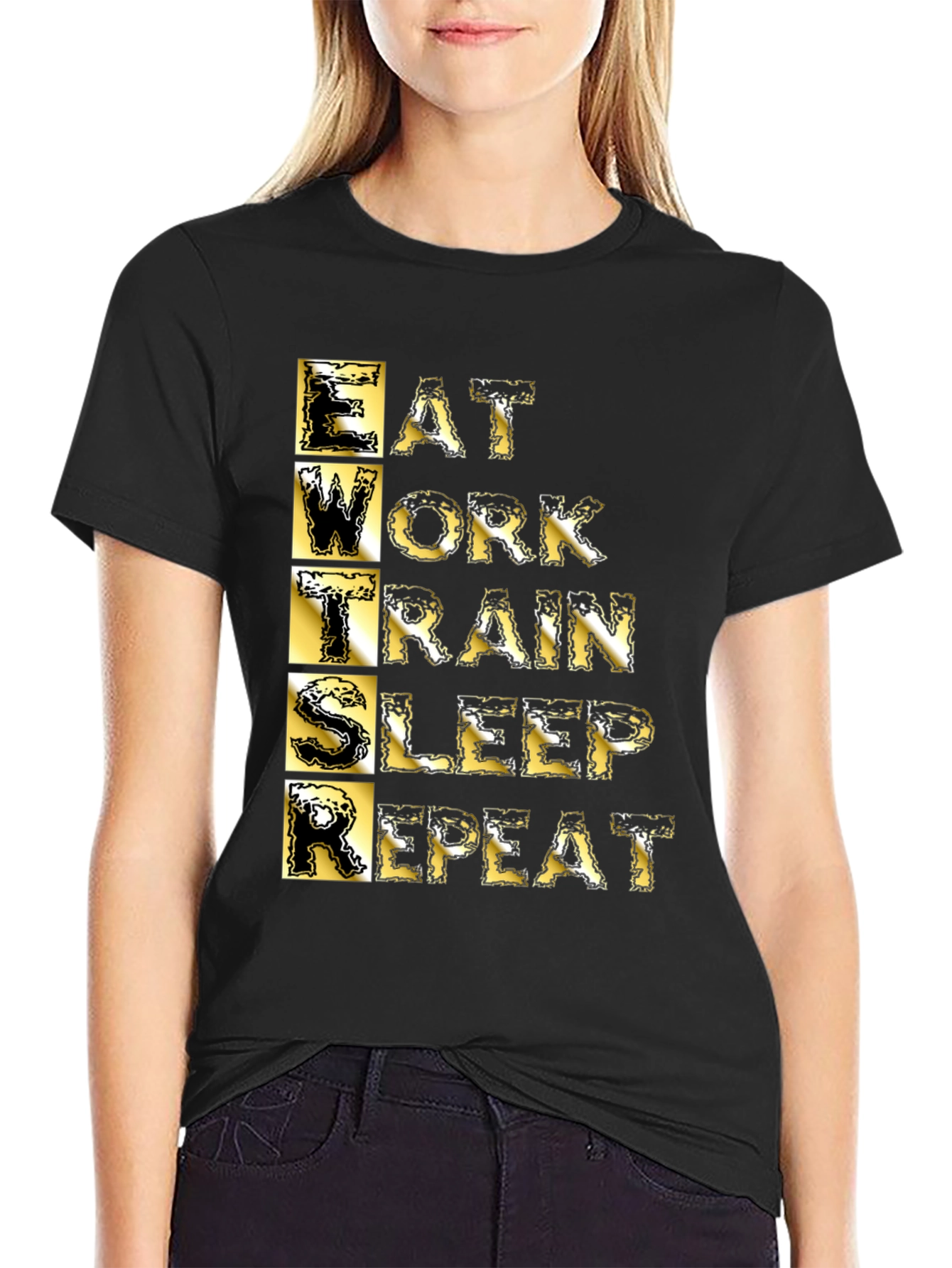 Eat Work Train Sleep Repeat Black Graphic T-Shirt