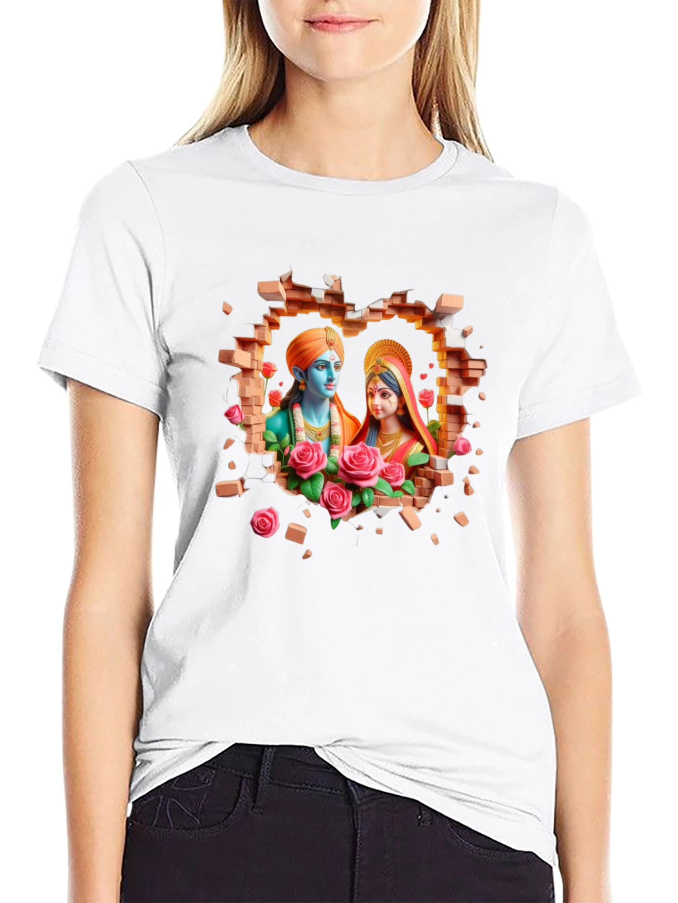 Radha Krishna Brick Wall Graphic T-Shirt
