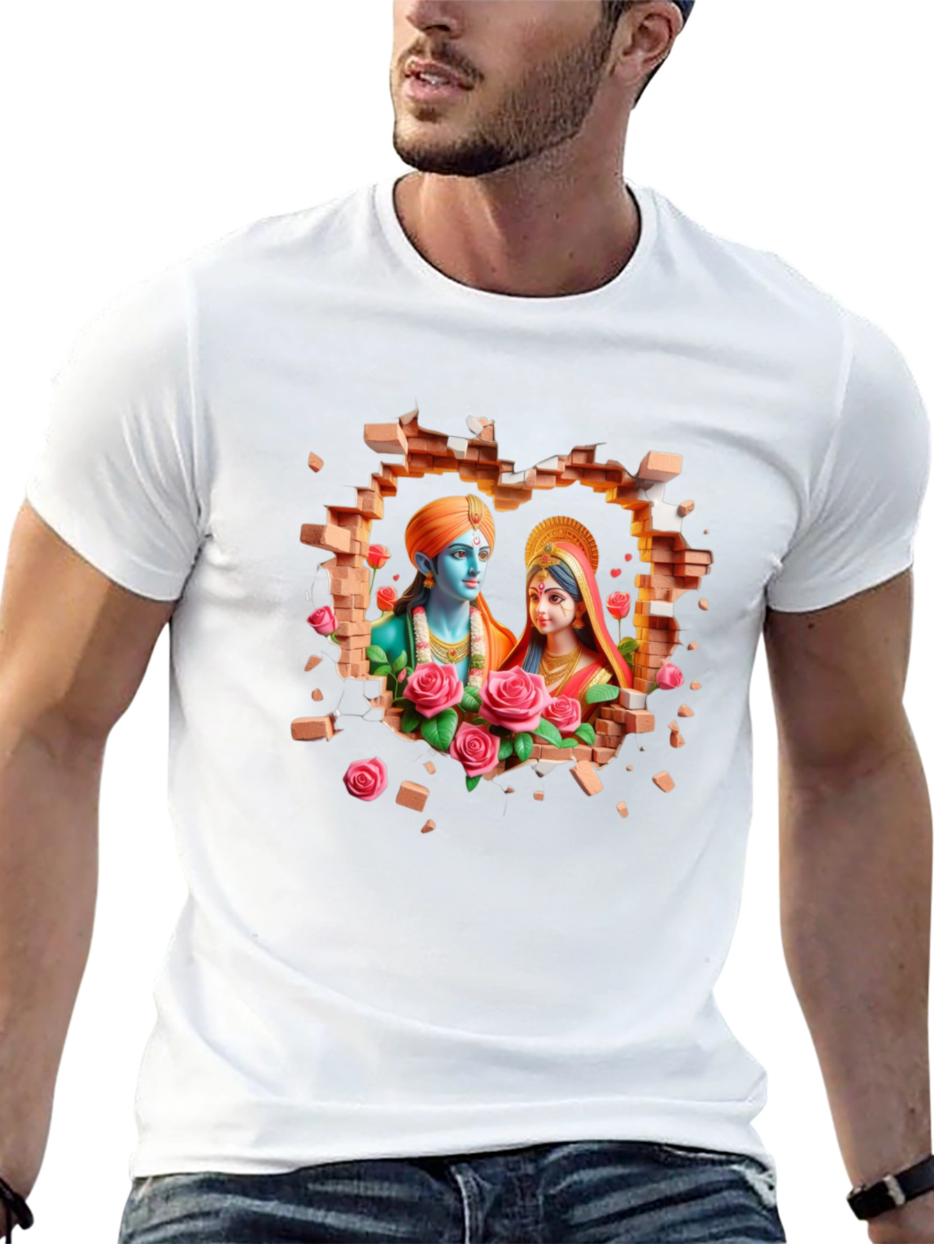 Radha Krishna Brick Wall Graphic T-Shirt