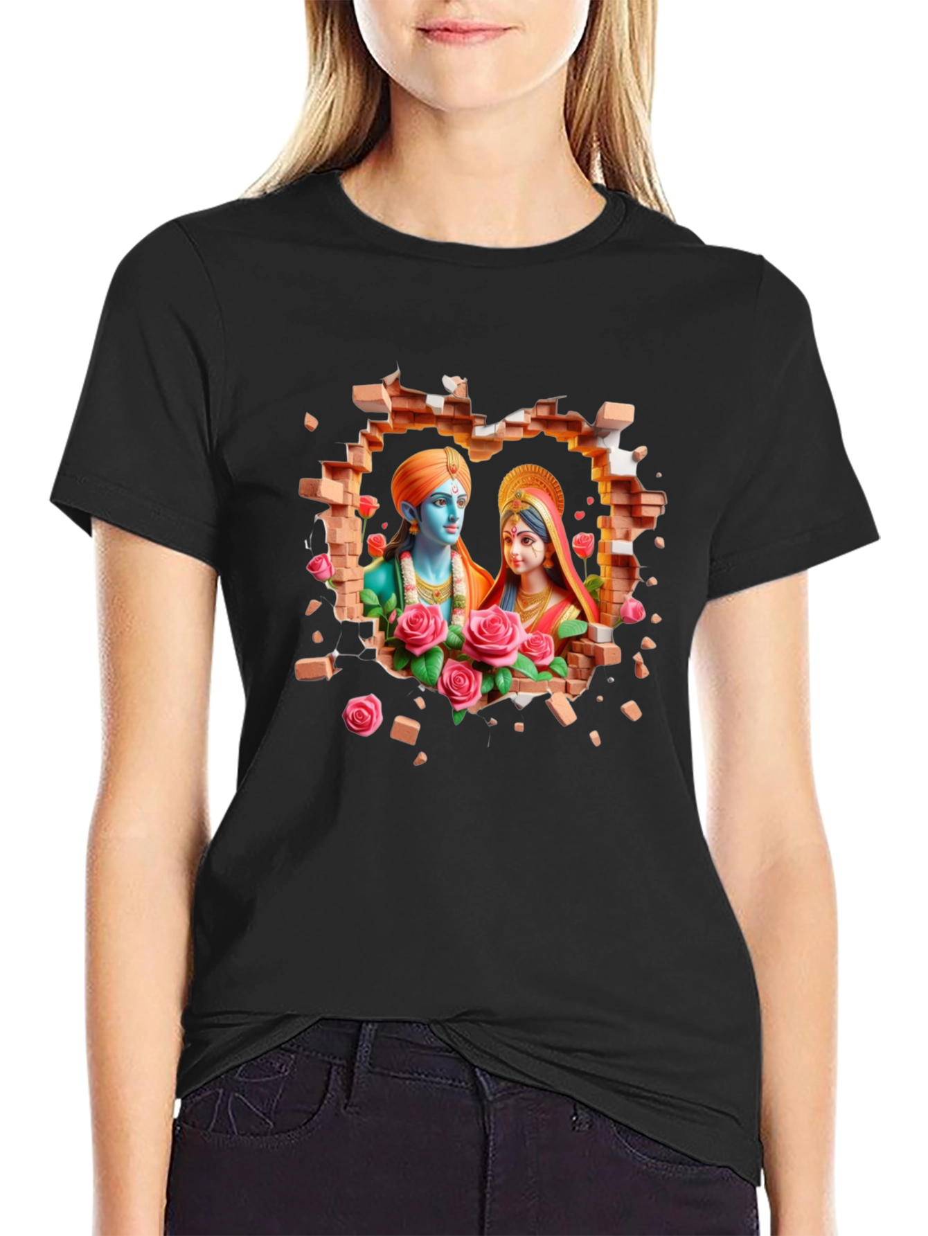 Radha Krishna Brick Wall Graphic T-Shirt