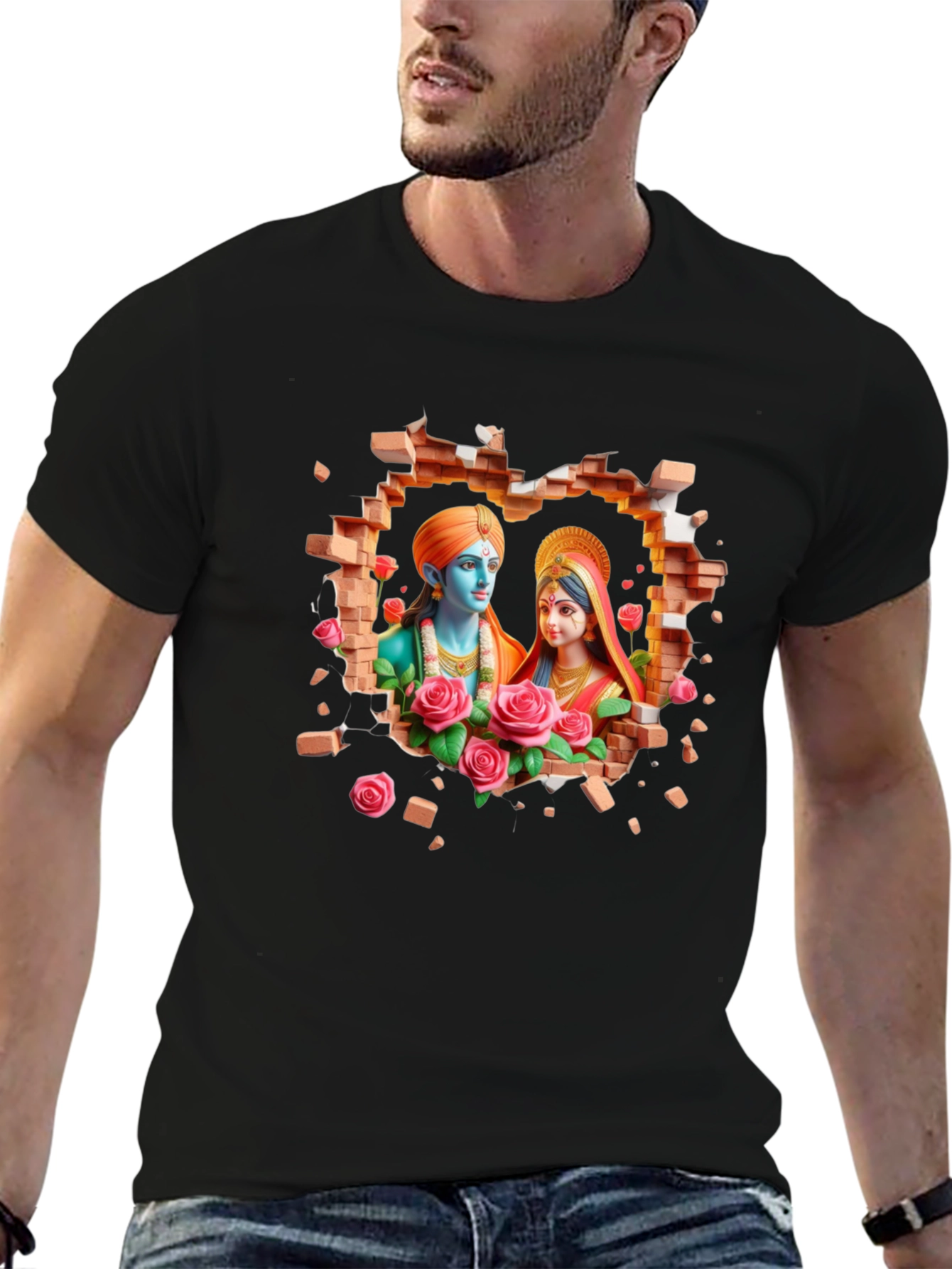 Radha Krishna Brick Wall Graphic T-Shirt